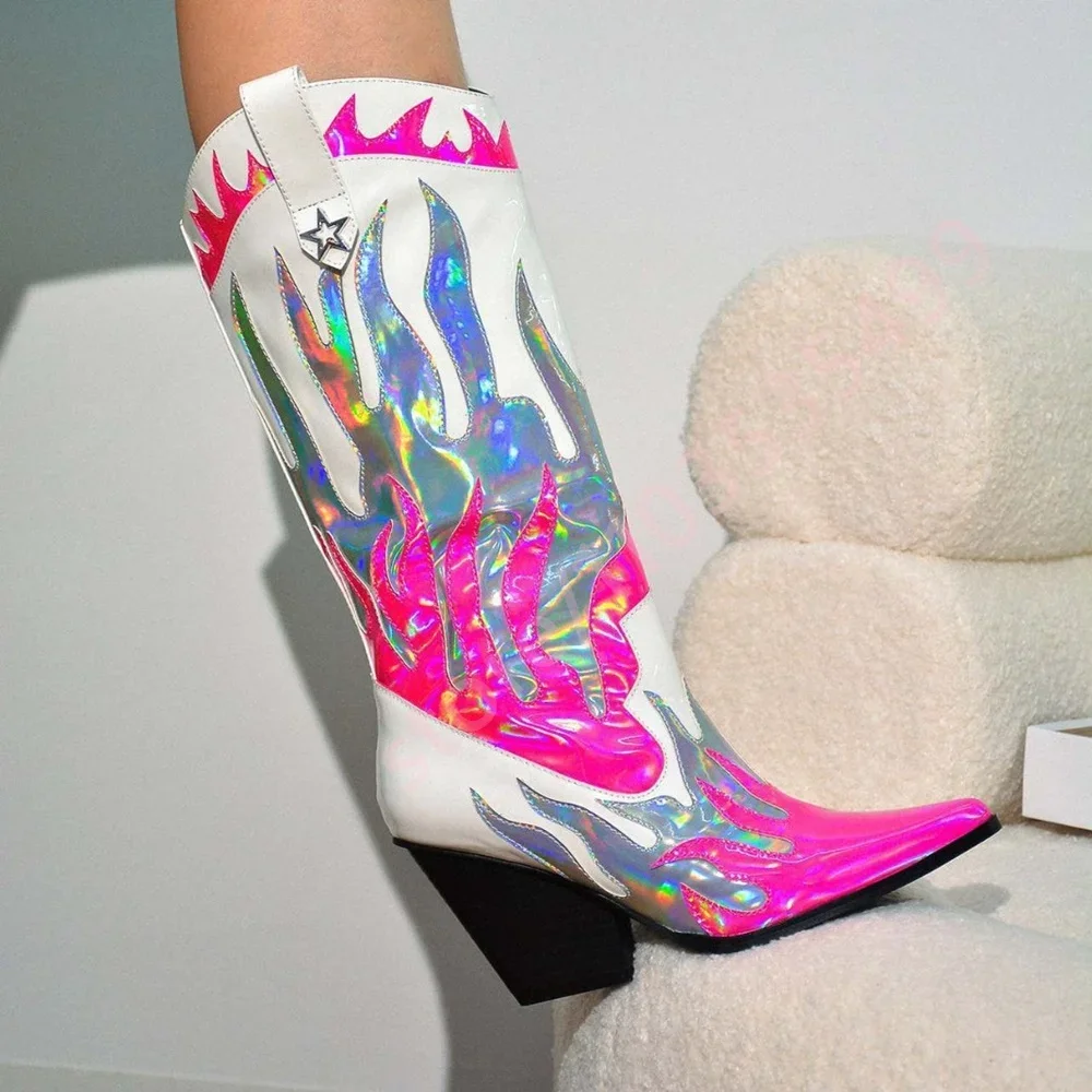 2026 Autumn Street Sexy Catwalk Western Cowboy Boot Mixed Color Pointed Thick Heel Stage Boots Fashion Party Casual Women's Boot