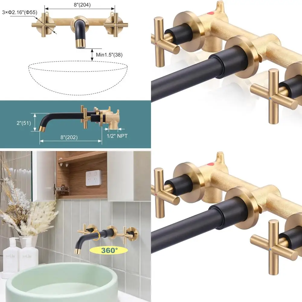 

Черный и золотой настенный смеситель для раковины с двойной ручкой и грубым клапаном