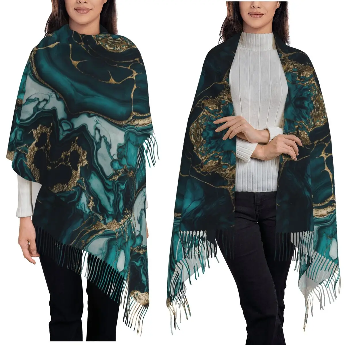 

Стильный бирюзовый синий и золотой оттенков Мраморный агат Геометрический современный шарф Шарфы с кисточками Шали и накидки Большая осенне-зимняя шаль