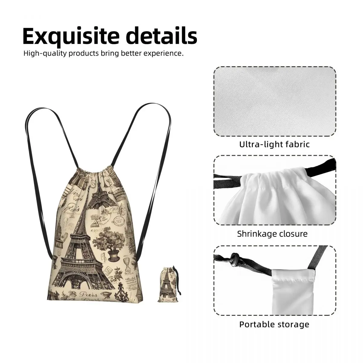 French Paris France Eiffel Tower Drawstring Backpack Sports Gym Bag Lightweight Foldable Storage Drawstring Bag for Men Women