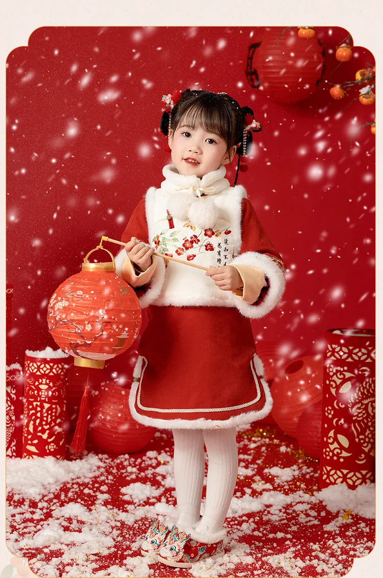 هانفو فستان شتوي للفتيات الصغيرات ، خرافية فائقة ، بدلة أطفال عتيقة ، على الطراز الصيني ، بدلة تانغ ، ملابس العام الجديد للأطفال