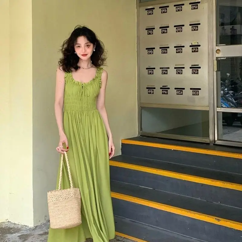 Prendisole da donna Abiti da spiaggia Verde Abito lungo femminile Designer Un pezzo Stile coreano Vintage Elegante Lusso sulla festa promozionale