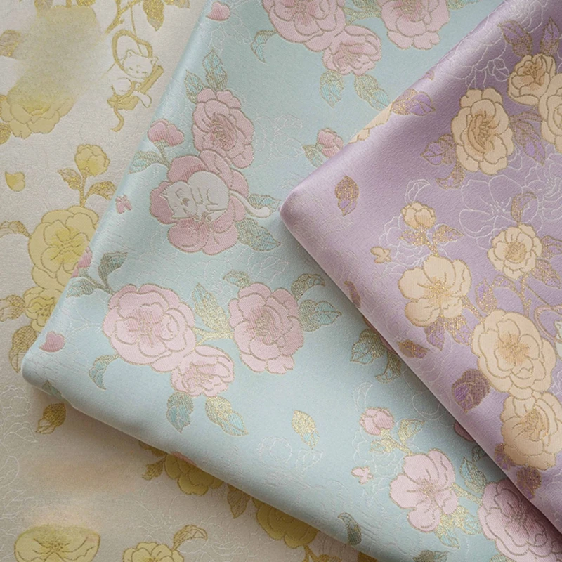 Camellia Cat Pattern Jacquard Brocade Fabric Qipao Vest Kids Clothing Gold Thread Fashion Home Decor Upholstery Fabric