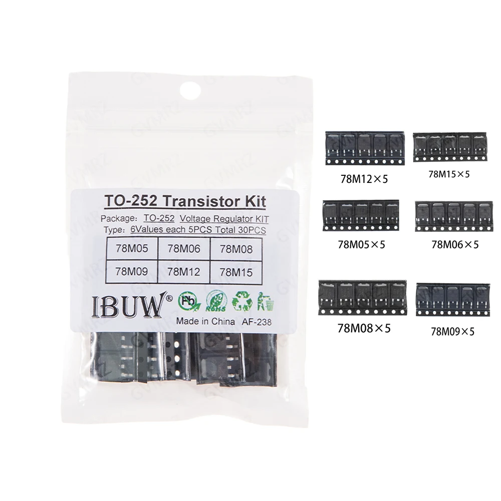 30PCS 6Values TO-252 Transistor Kit (78M05/78M12/78M15) Voltage Regulator for DIY Electronic Power Supply 78M06/78M08/78M09