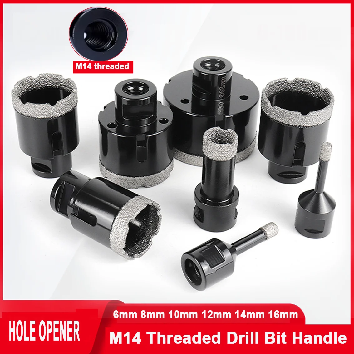 

M14 Резьбовая паяная сухая алмазная кольцевая пила 6 мм-16 мм для керамической плитки, кварцевых камней, гранита, мрамора, комплекта сверл и корончатых бит