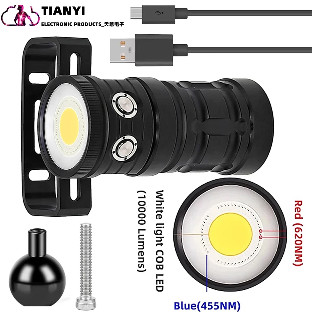 

Super bright 18000 lumens LED diving flashlight Cob waterproof 100M white light blue light red light Type c charging light