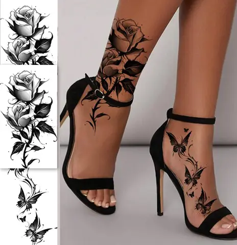 Autocollants de tatouage temporaire pour bras et jambes, fleur de Rose, papillon, Design de poitrine et de cuisse Sexy, imperméable, parfait pour les femmes, 3 pièces