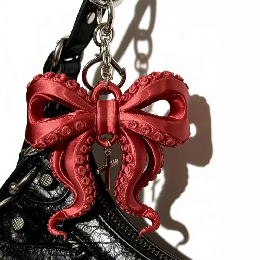 3D Printed Octopus Tentacle Bow Keychain Fashion Creative Octopus Bow Pendant Unique Gothic Cthulhu Style Keyring Backpack Decor