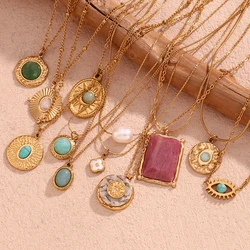 E.B.belle Natural Marble Sun Pattern Round Mini Turquoise Eye Retro Round Coin Rectangular Snake Chain Freshwater Pearl Necklace
