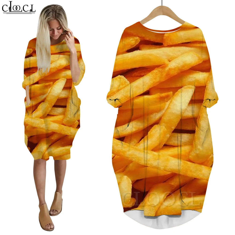 CLOOCL Dresses Women Tasty French Fries Print Oversized Dresses Long Sleeves Pockets Dresses Hip Hop Streetwear for Female