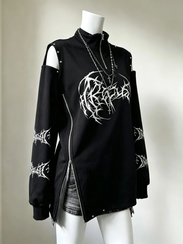 2026 New Vintage Black Printed Punk T Shirt Women Harajuku Off Shoulder Grunge Y2k Aesthetic Zipper Oversized Streetwear Tees