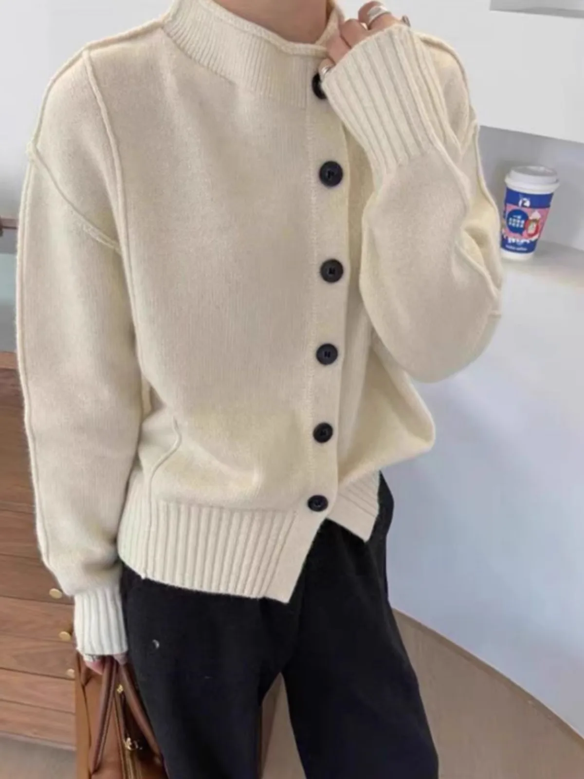 Temperament 100 stand collar pure cashmere knit cardigan women autumn and winter lazy loose thick sweater slim wool coat