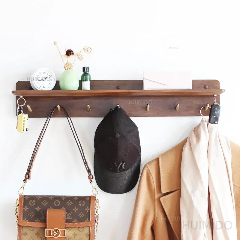 Japanese Solid Wood Wall Mounted Coat Rack Key Holder Shelf with Brass Hooks Entryway Hall Tree