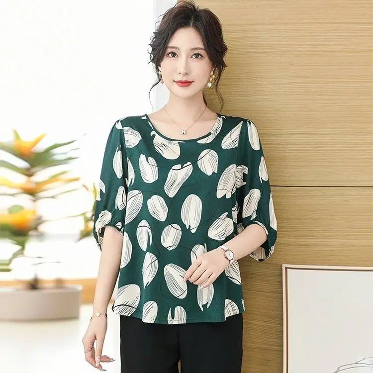 

Fashionable Loose Short Sleeve Chiffon Shirts Women's New Round Neck Print
