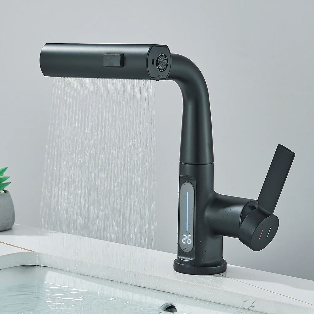 Waterfall Temperature Digital Display Basin Faucet Lift Up Down Stream Sprayer Hot Cold Water Sink Mixer Wash Tap For Bathroom