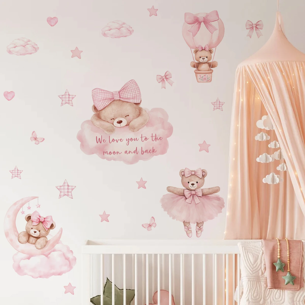 Cartoon Rosa Bär „Wir lieben dich...“ Wolken Stern Kinderzimmer Wandaufkleber Vinyl Kinderzimmer Kunst-Dekor Schlafzimmer Wohnzimmer Heimdekoration – Detail 4