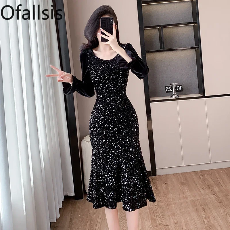 Ofallsis Black Square Neck Velvet Dress 2024 Autumn Winter New Women's Temperament High Grade Glitter Tail Long Dress Splicing