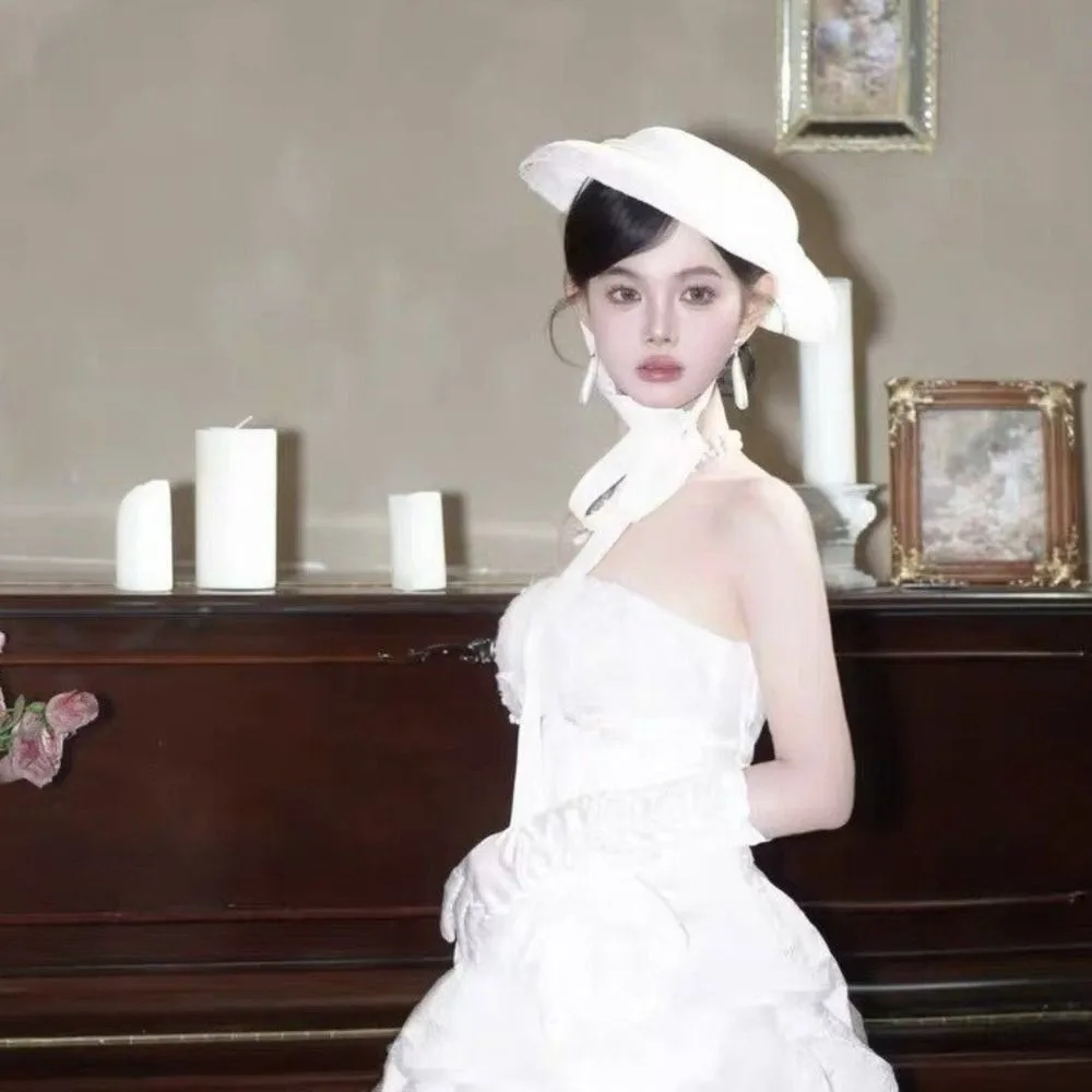 

Retro White Lace Tied Topper Hat Thin Sunscreen Lace Bonnet Hat Elegant Flat-top Hepburn Style Formal Hat Parties Gathering