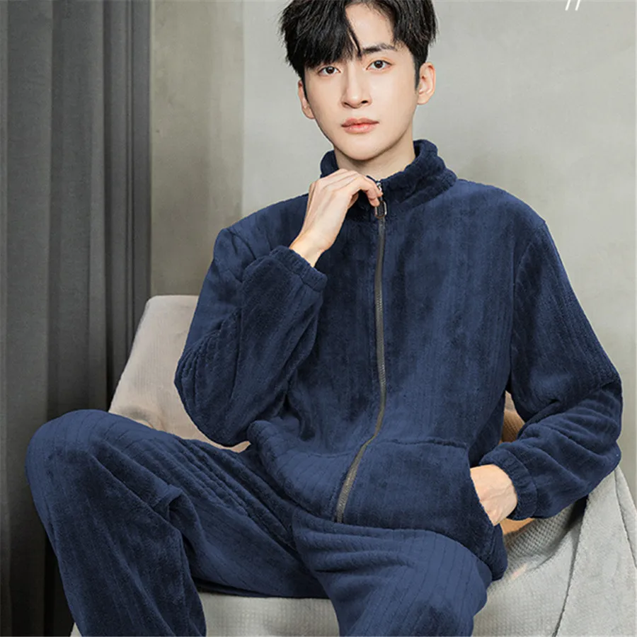 Men\'s Pajama Sets Winter Warm Homewear Flannel Loose Zip-up Nightwear 2 Pieces Thickened Sleepwear Male Home Clothes Big Size