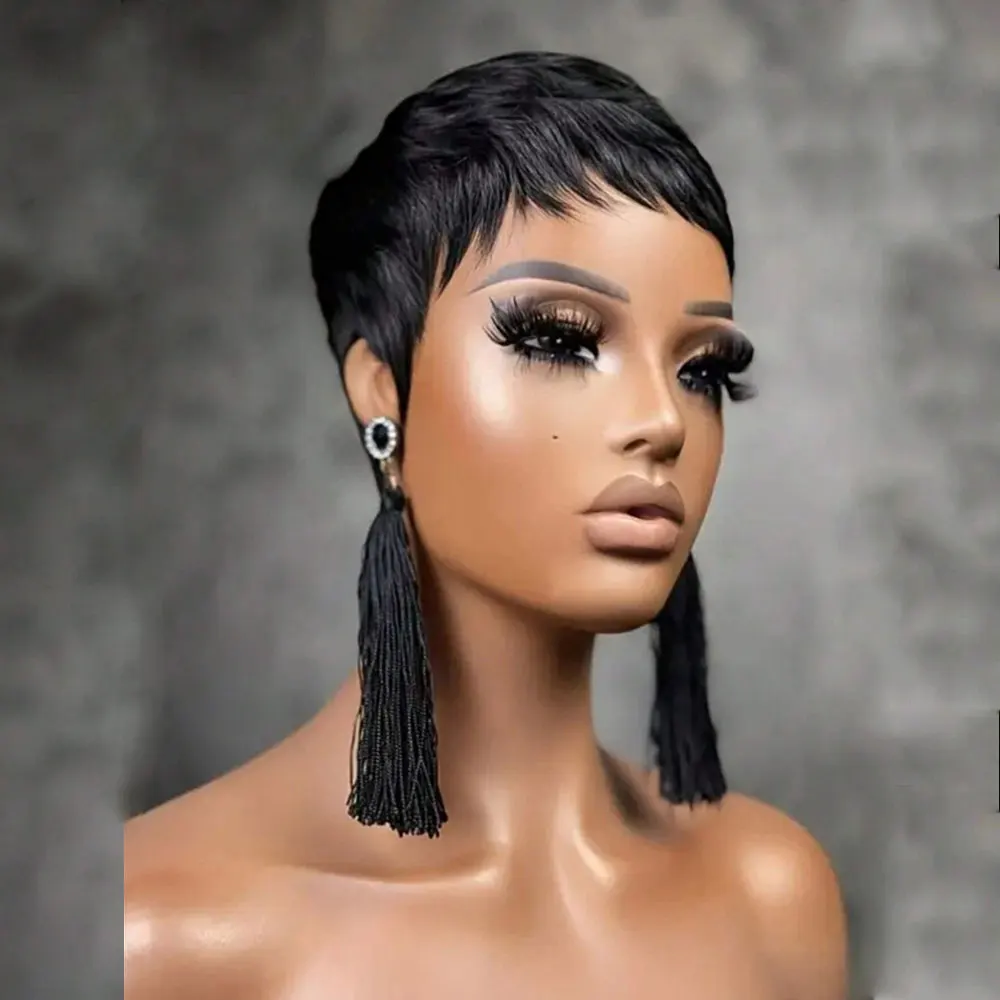 Wig Potongan Pixie Pendek Wig Rambut Manusia Brasil Lurus dengan Warna Hitam dan Merah Wig Buatan Mesin Penuh untuk Wanita Dijual
