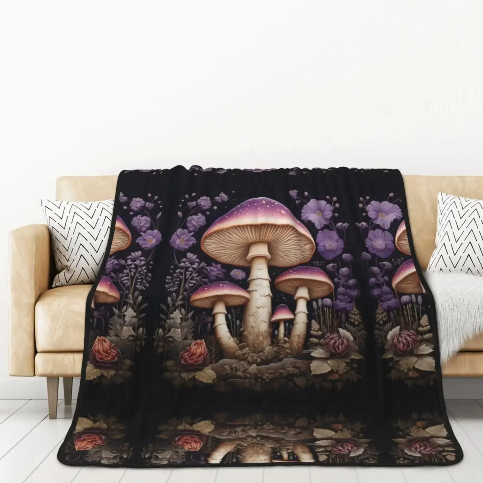 Mushroom Hippie Blanket Moth Gothic Witchy Flannel Throw Blankets for All Season Sun Moon Fuzzy Soft Bed Sofa Office Blanket