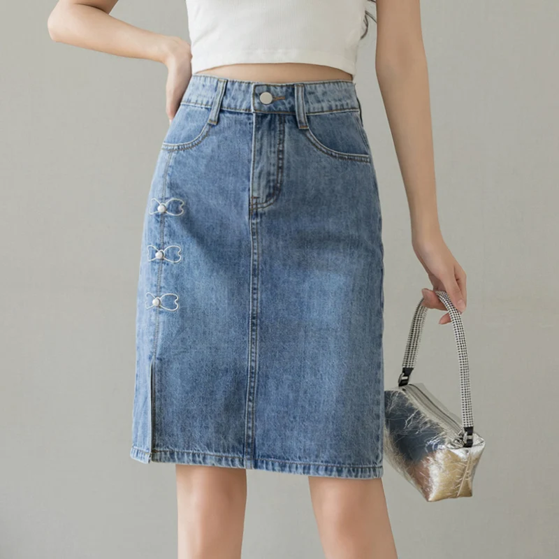 

New Korean Fashion Sexy Splicing Fold Woman Skirts Womens Medium-long Jean Skirt Casual Female Girls Denim Skirt Dropshipping