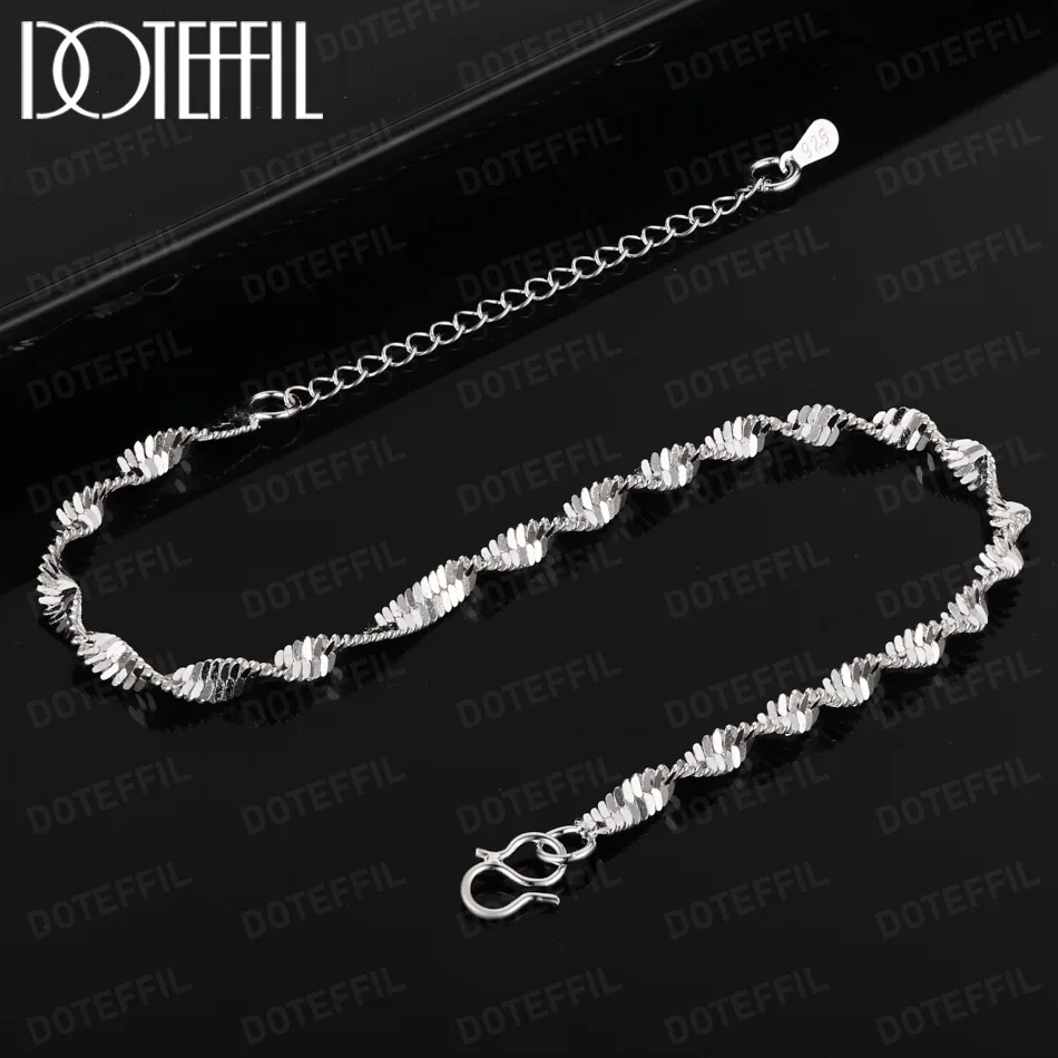 DOTEFFIL Shiny Water Wave Chain Bracelet 925 Sterling Silver For Women Wedding Engagement Party Jewelry