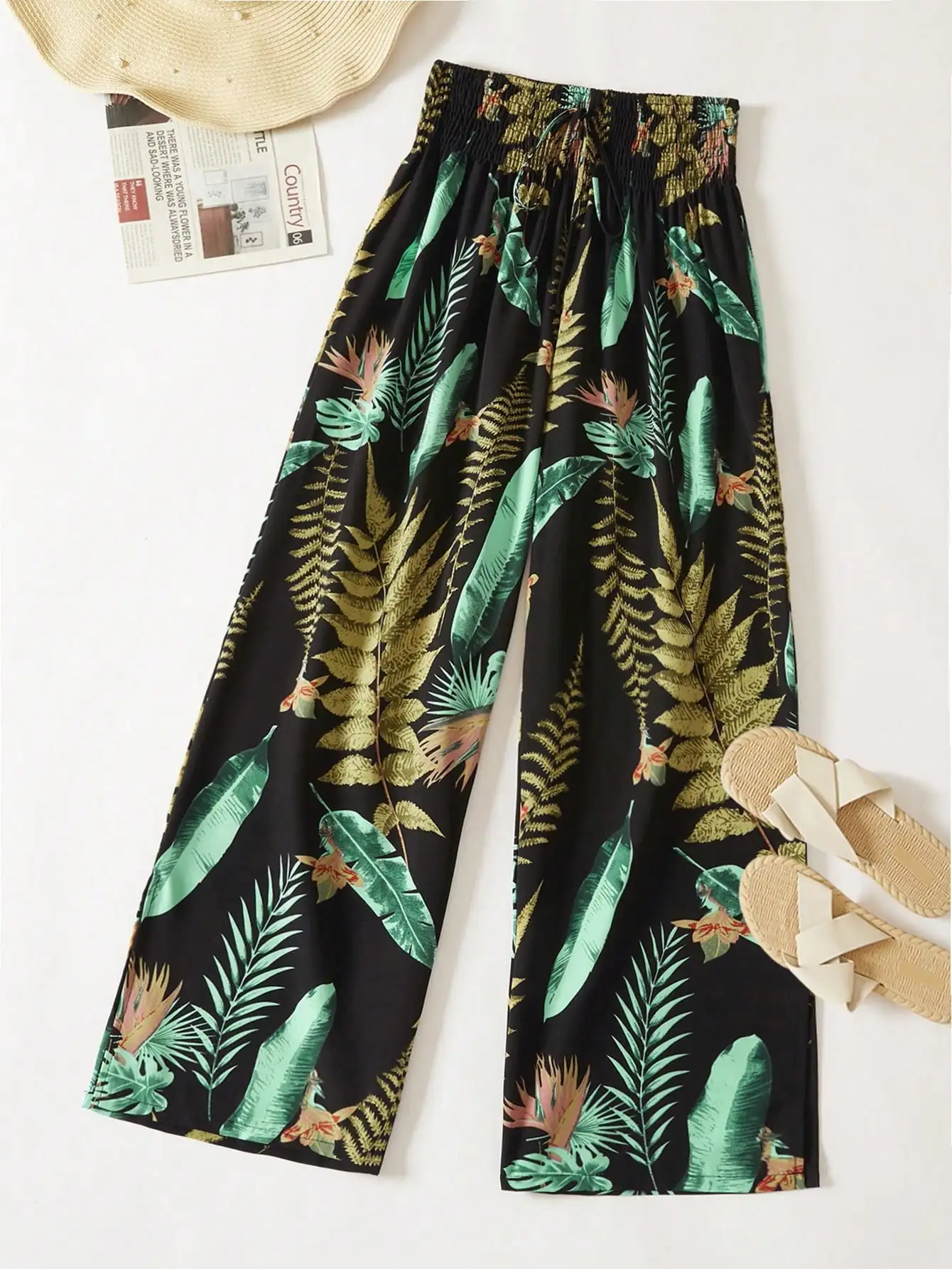 Pantalones anchos con estampado de hojas tropicales para mujer, pantalones palazzo informales con cordón en la cintura elástica para mujer
