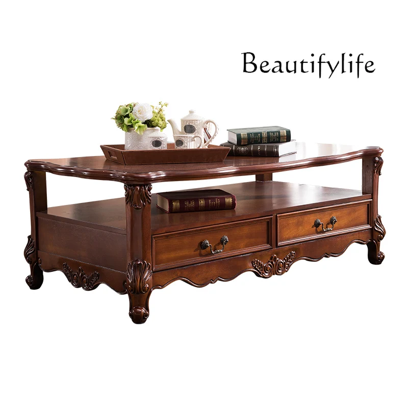 

American-Style Solid Wood Living Room Coffee Table Retro Simple European-Style Villa Office Tea Table and Chair with Drawer