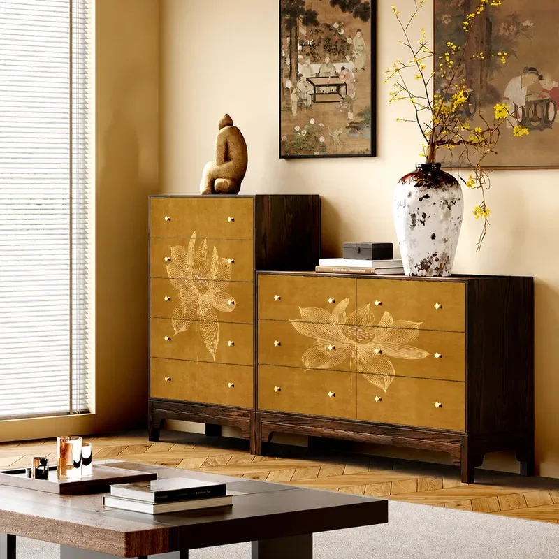 Song Dynasty Style Solid Wood Chest Cabinet Living Room Storage Decorative Locker Lotus Bedroom Bedside Drawer Cabinet