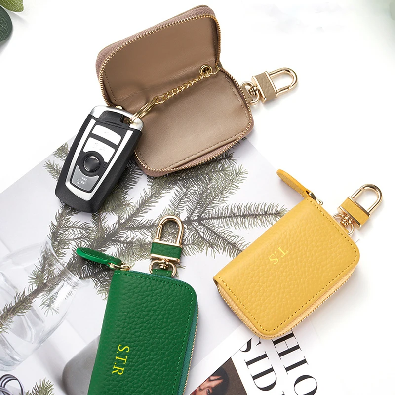 Real Leather Custom Initial Man Key Wallet Zip Portable Key Chain Bag Engrave Logo Fashion Business Key Ring Woman Coin Purse