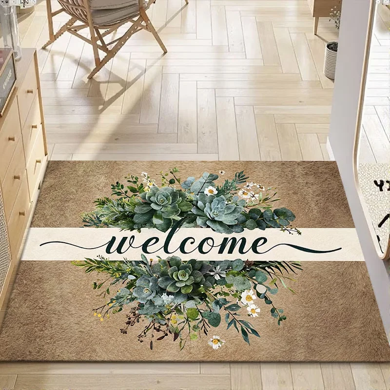 VIKAMA Succulent Flower Welcome Floor Mat Forest Style Countryside Style Entrance Carpet Foyer Bathroom Dirt Resistant Floor