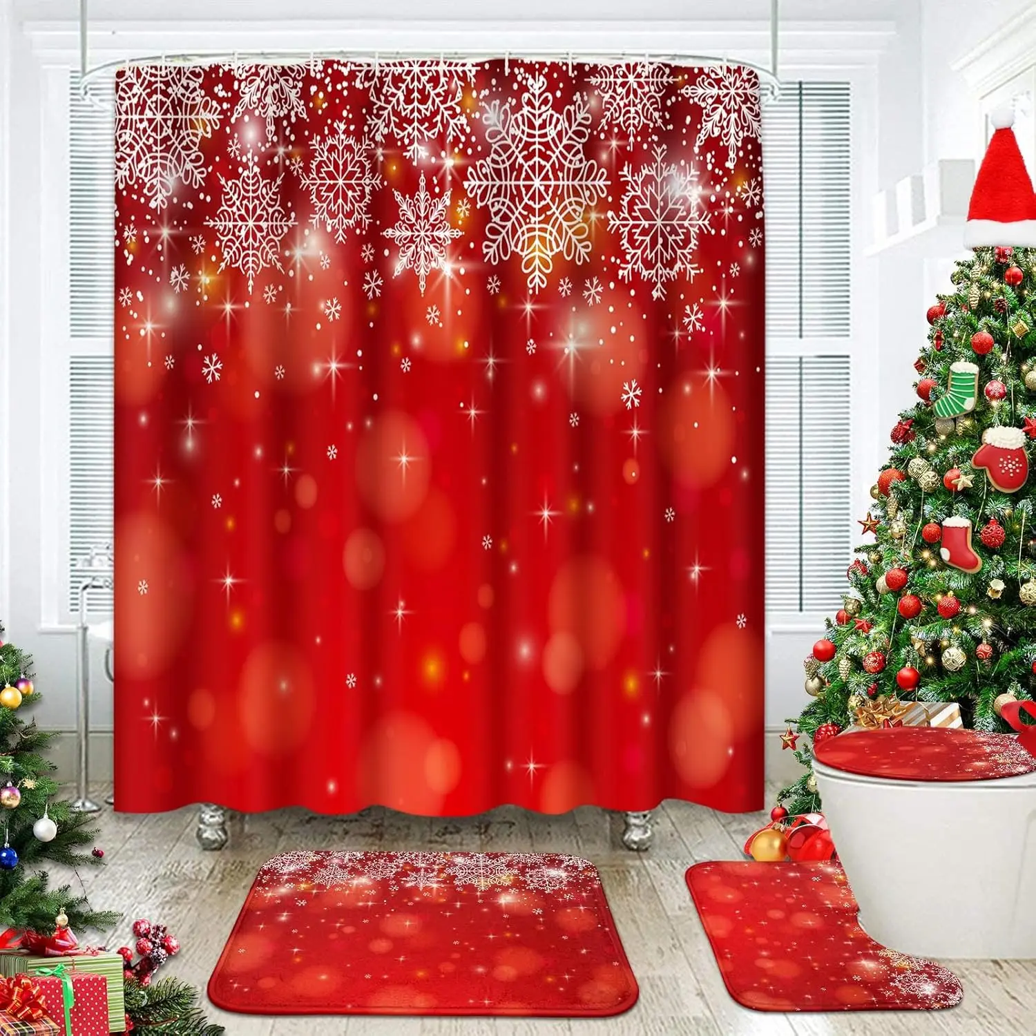 

Merry Christmas Bathroom Set with Shower Curtain and Rugs Accessories,Xmas Snow Stars Shower Curtain,Winter Bathroom Decor 4 Pcs