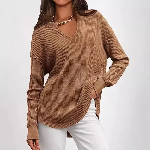 

2025 Autumn/Winter Women's Casual Shirt Solid Color Long Sleeve V-neck Waffle Hoodie Top