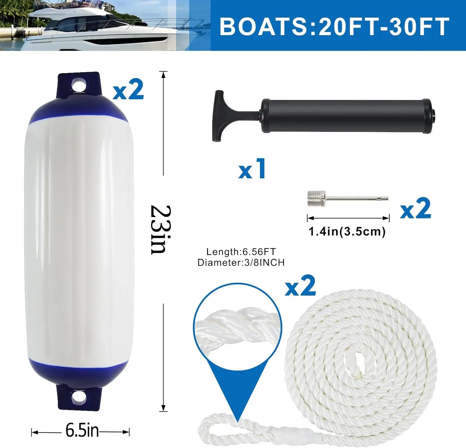 Boat Bumper Fender, 2-Pack Heavy Duty Saltwater Marine PVC Bumpers, with Ropes, for Pontoon Yacht Docking Mooring Protection