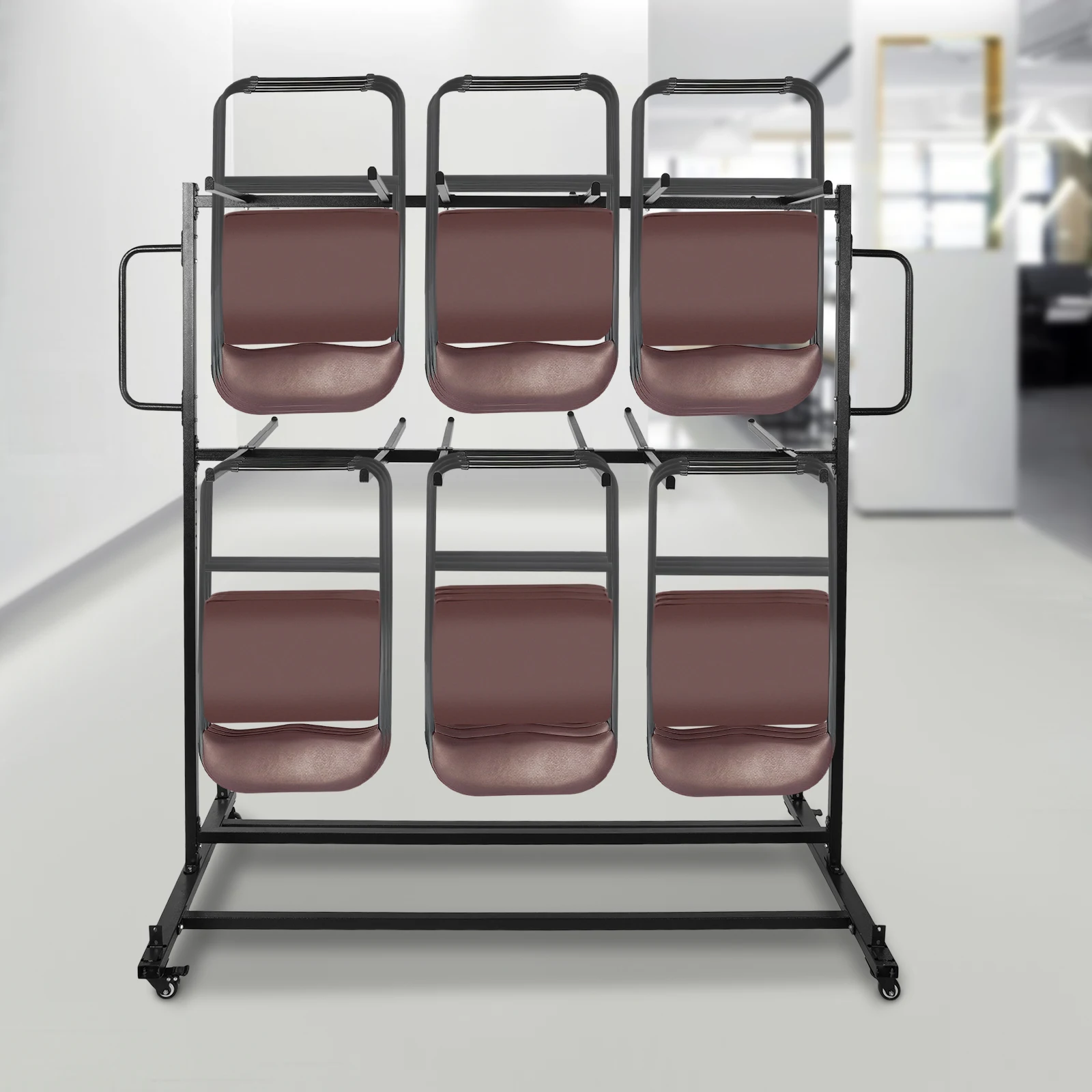 

Складной стол и тележка для стульев из черной углеродистой стали 85x160x182 см, регулируемая высота, вмещает 84 стула, рама для переноски