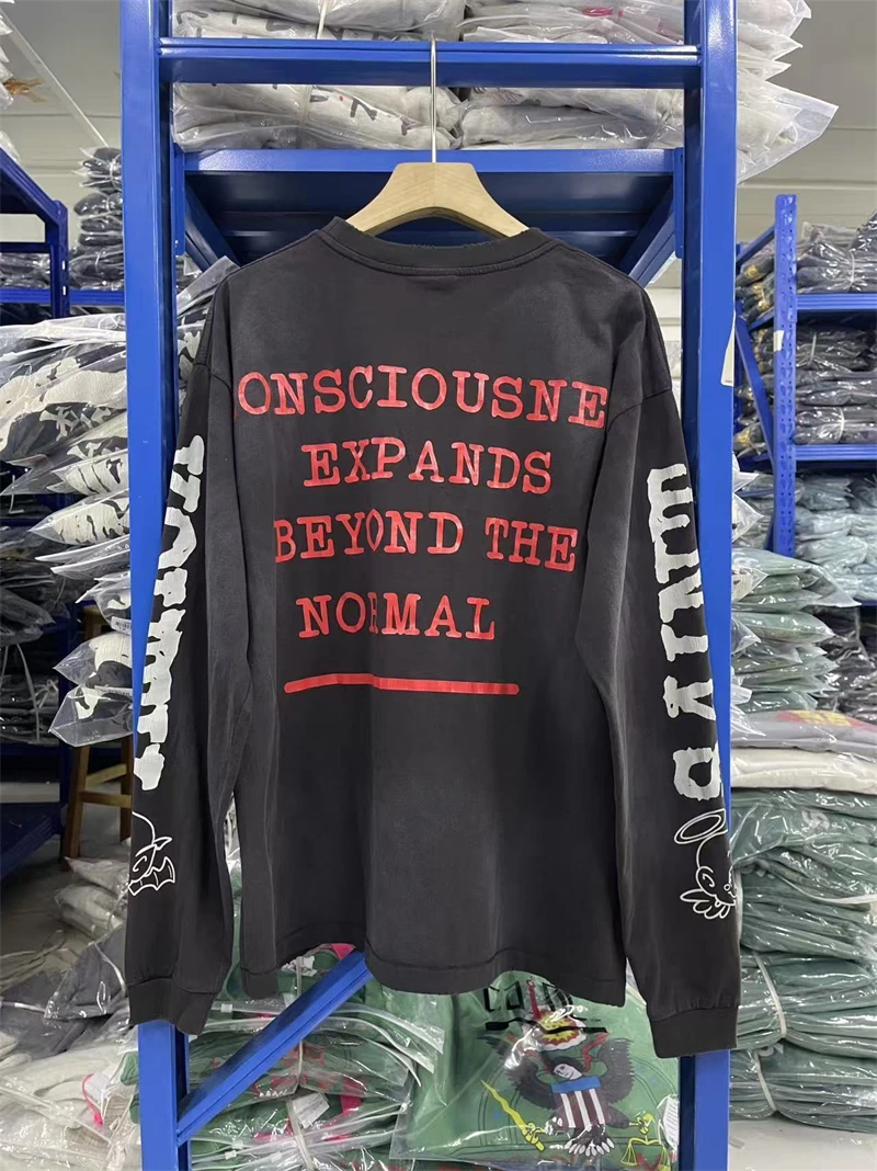 High Quality Saint Vintage High Street Letter Patton Print Washed Long Sleeves Cotton Casual Loose Men Women Rock Hip Hop Top