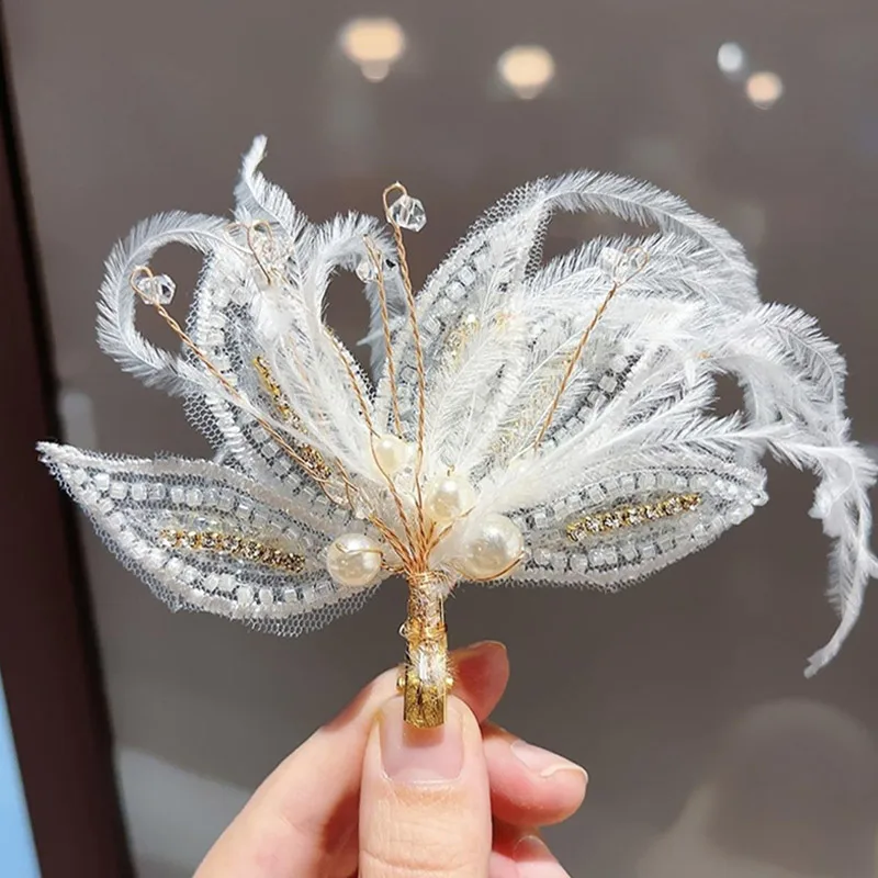 소녀를위한 요정 깃털 헤어 클립 공주 어린이 양면 클립 바레트 Hanfu 머리 장식 어린이 성능 모자를 쓰고 있죠