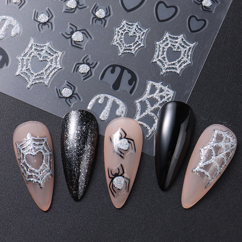 Y2K Sparkly Silver Spider Web adesivi per unghie oro Chrome ragnatela decalcomanie per unghie simpatici disegni di Halloween Manicure con cursore adesivo