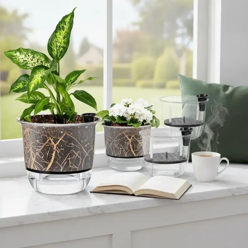 Self Watering Indoor Plastic Plant Pots Deep Reservoir Non Toxic for Spider Plants Orchids Kids Gardening Activity