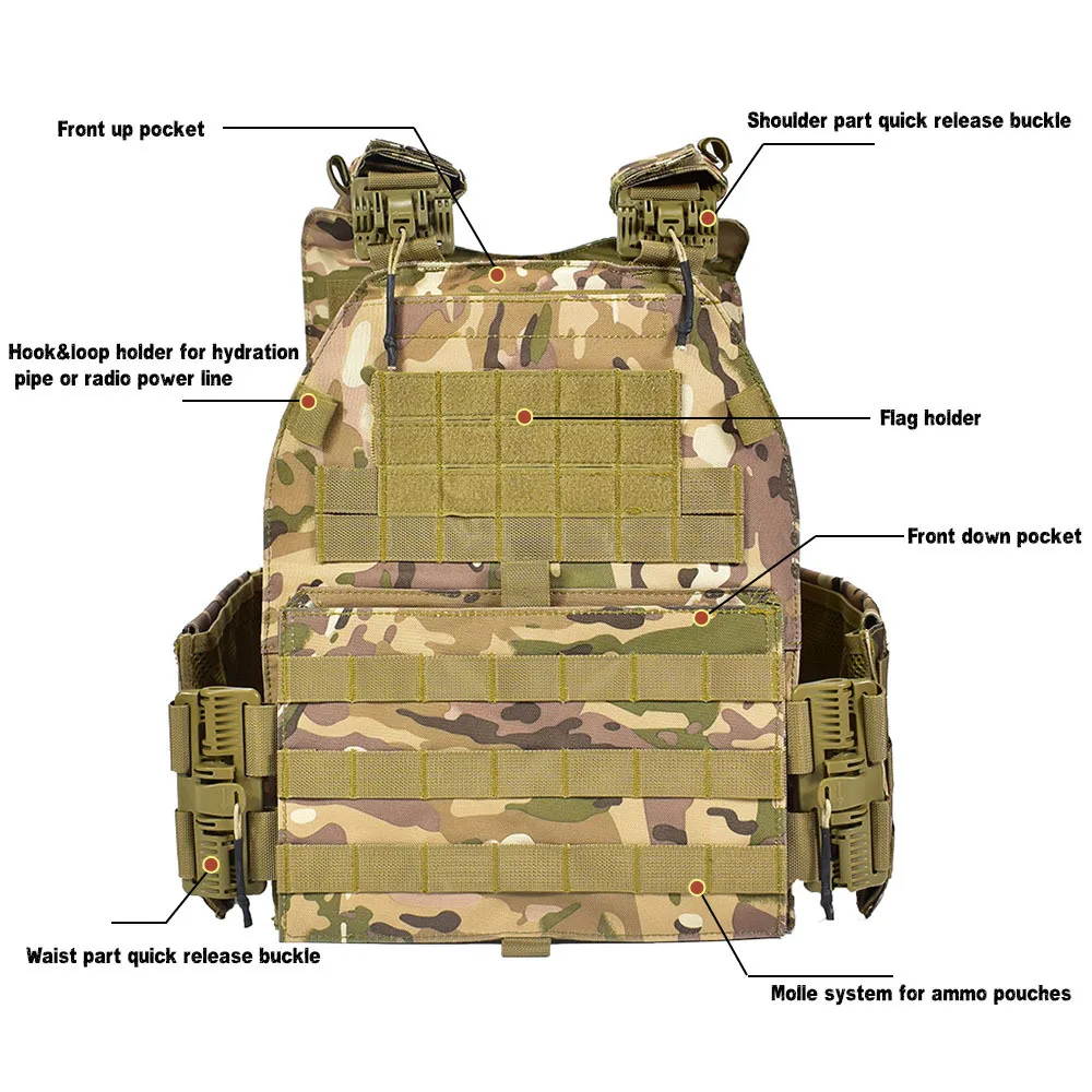 Outdoor Modular Tactical Multicam Camouflage Physical Load Training Military Combat Plate Carrier Paintball Body Armour Vest