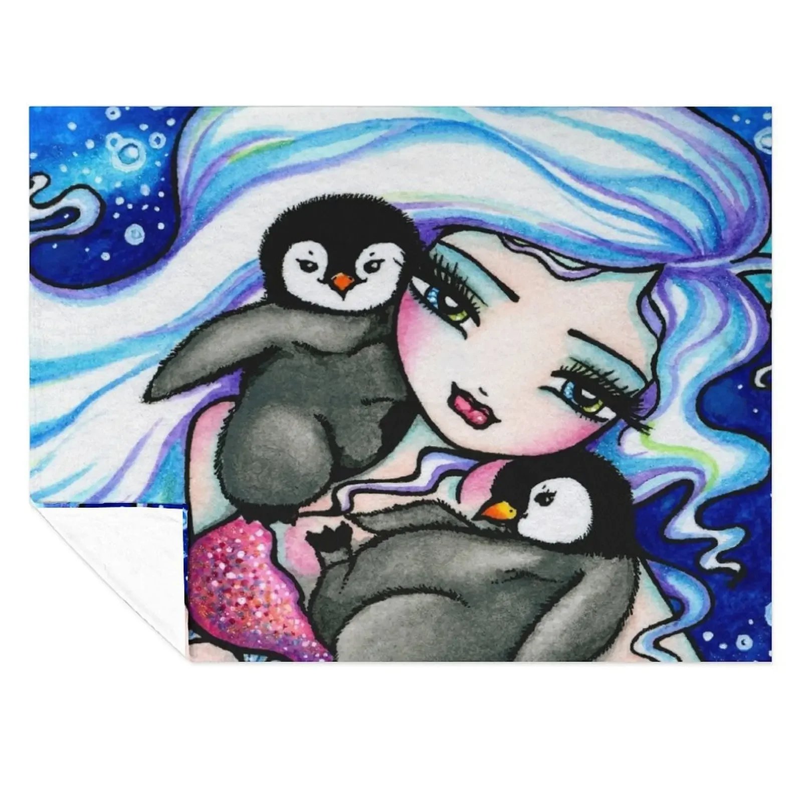 

Frosty Mermaid with Baby Penguin Friends Whimsical Fantasy Art Throw Blanket Designers Vintage Picnic Furry Blankets
