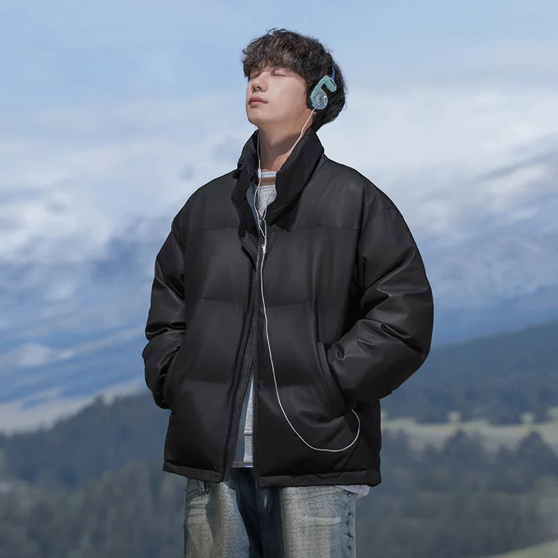 

Мужской зимний пуховик из искусственной кожи с воротником-стойкой, утолщенный повседневный однотонный свободный теплый стеганый пуховик, мужской AU-237