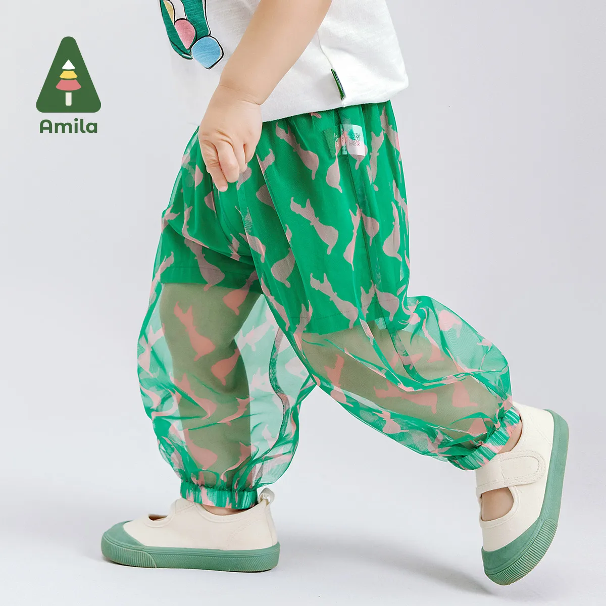 Amila 2024 Summer New Girls' Bottom Creative Double-Layer Mosquito Repellent Ankle Pants Cute Full Print Pants for Kids