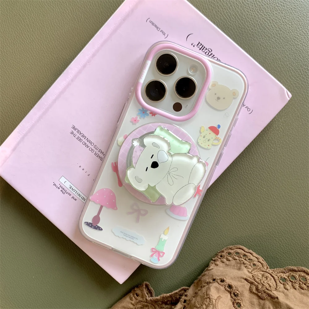 

Cute bow puppy rotate magnetic stand phone case for iPhone 13 14 15 16 Pro Max Hard Cover Cases with Magsafe Holder For 15 Funda