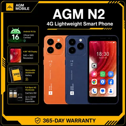 AGM N2 Lightweight Smartphone Compact Size 4.96" Display 3GB 32GB 3000mAh Removable Battery Android 16 GO System Spare Phone