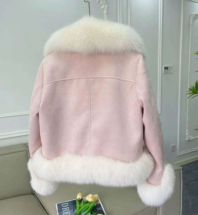 2023 New Fashion PU Fur Coat Winter Cold Prevention Jacket  Womens Warm Jacket High-quality Fox Fur Collar Thick Suede Outerwear