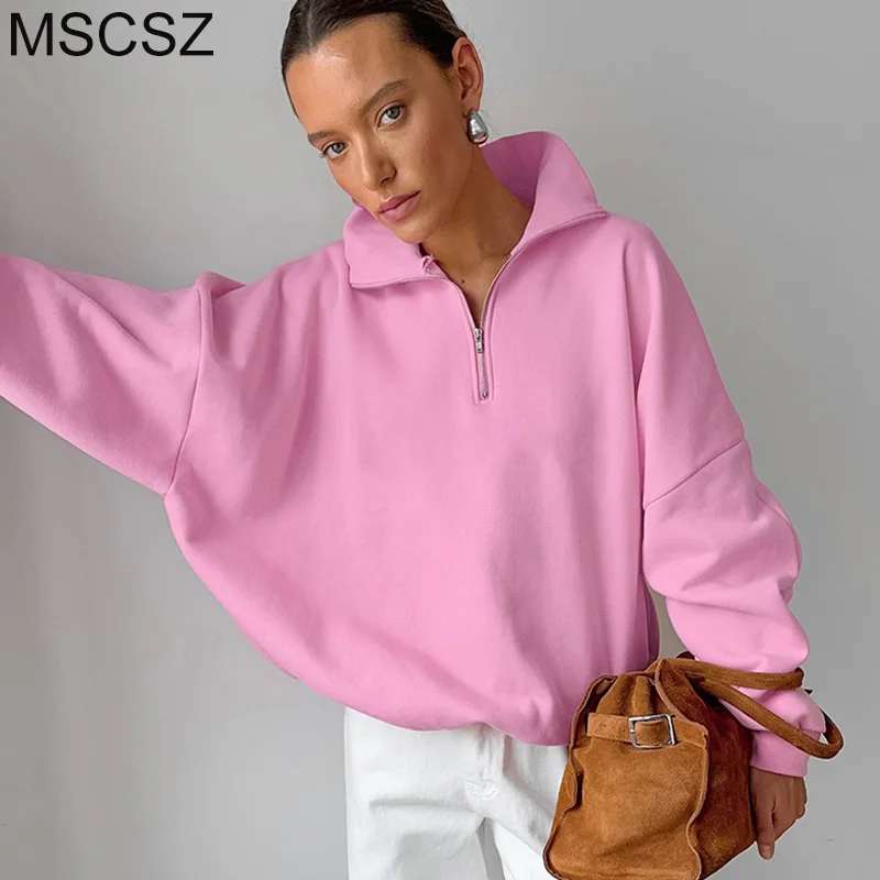 MSCSZ Pink Oversized Sweatshirt Women Stand Collar Zip Up Hoodie Y2K Streetwear Loose Casual Pullover Outerwear