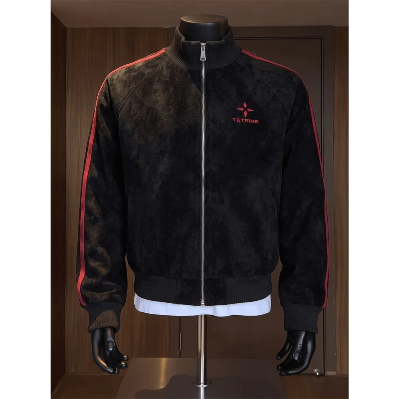 American style three bar PU men's leather jacket, fashionable windproof sport stand up collar jacket for spring and autumn
