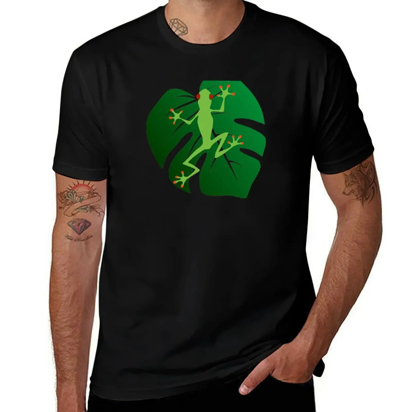 Rainforest green frog with tropical leaf. T-Shirt man clothes cute clothes plus size clothes black t-shirts for men